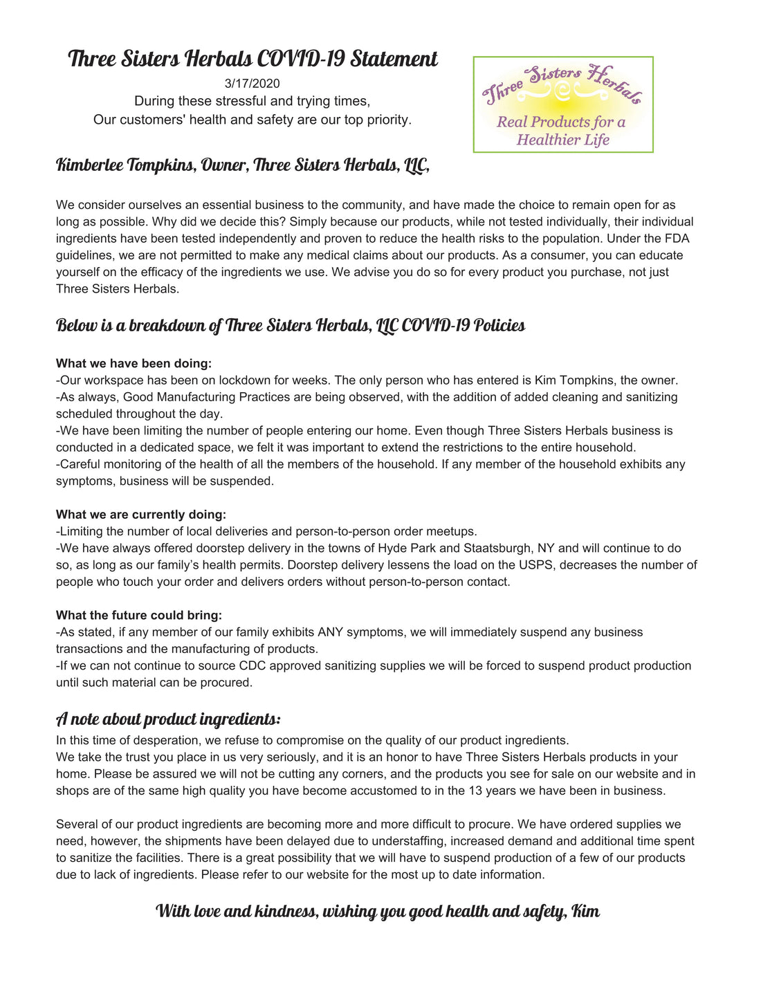 Three Sisters Herbals COVID-19 Statement