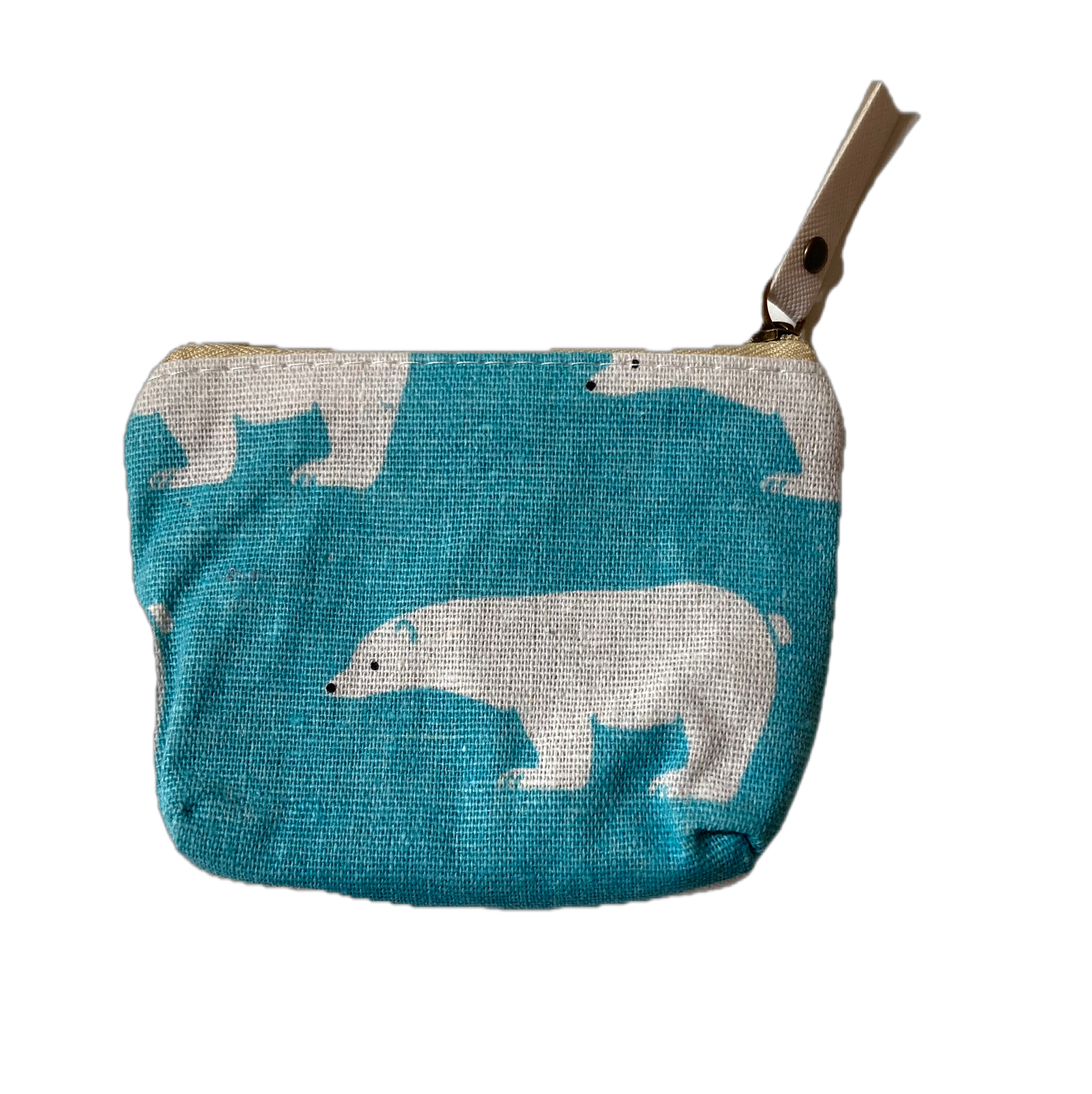 Small blue pouch with a white bear design on an aqua background