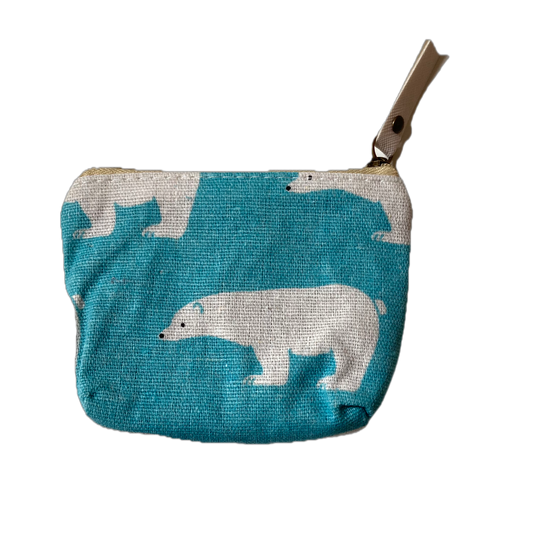 Small blue pouch with a white bear design on an aqua background