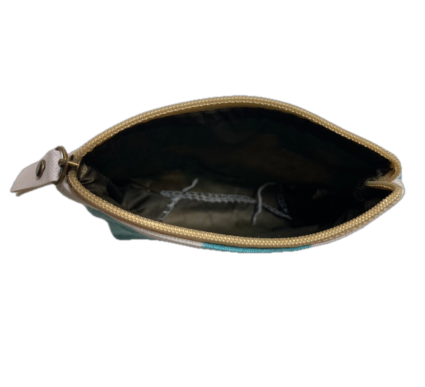 Open zipper pouch with a nylon interior on a white background