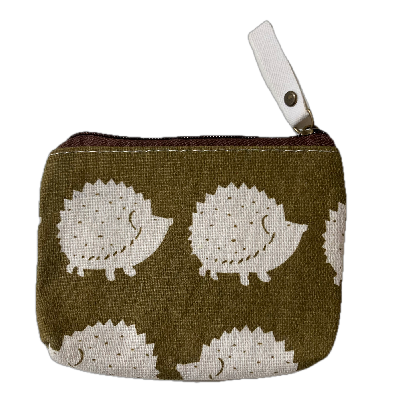 Small olive green pouch with white hedgehog pattern on a Olive background