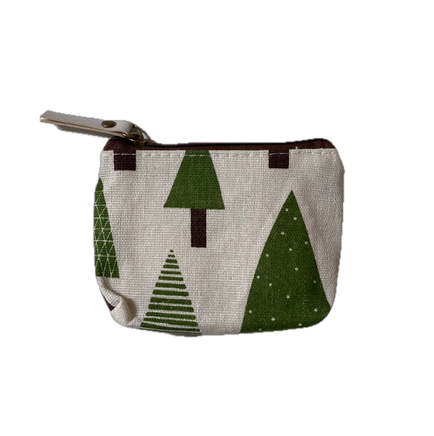 Small zipper pouch with green pine tree pattern on a white background