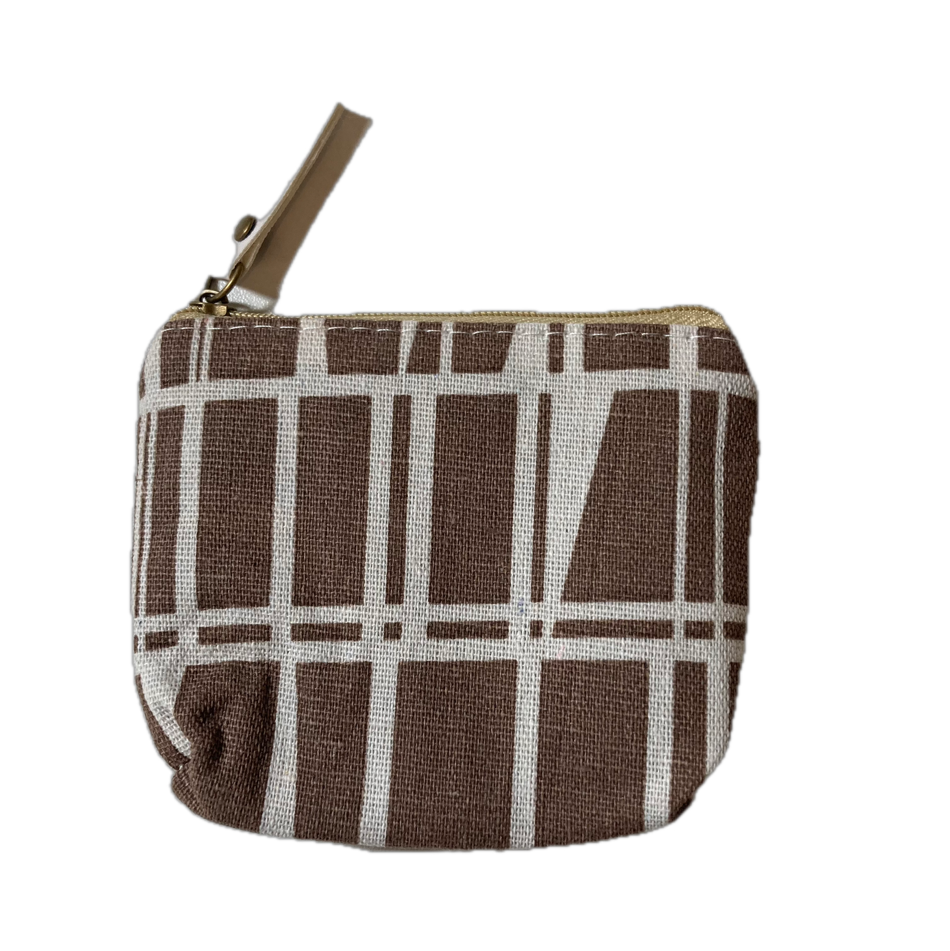 Small zippered pouch with brown and white checkered pattern on a light gray background