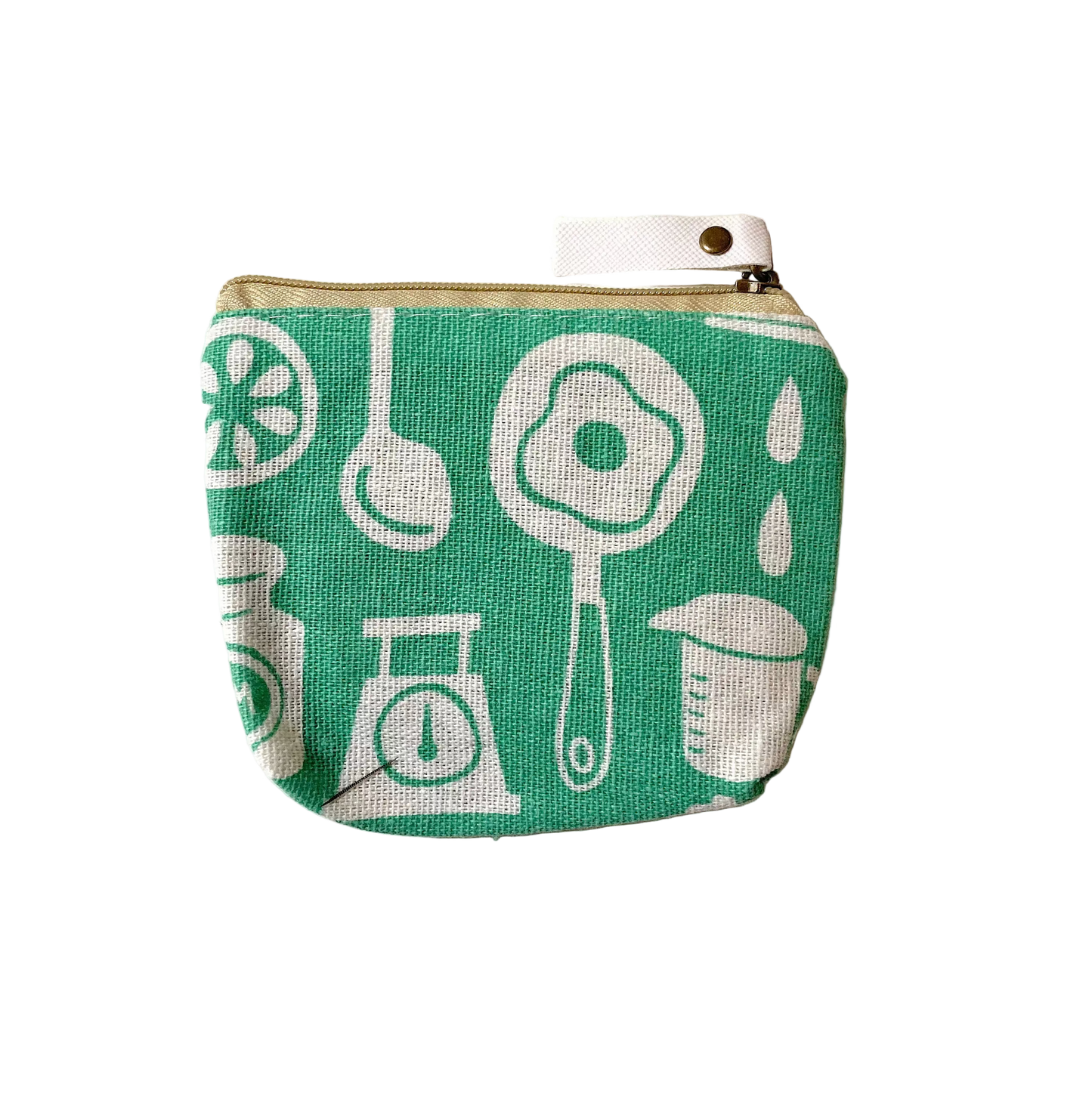 Green pouch with kitchen utensil patterns on a white background