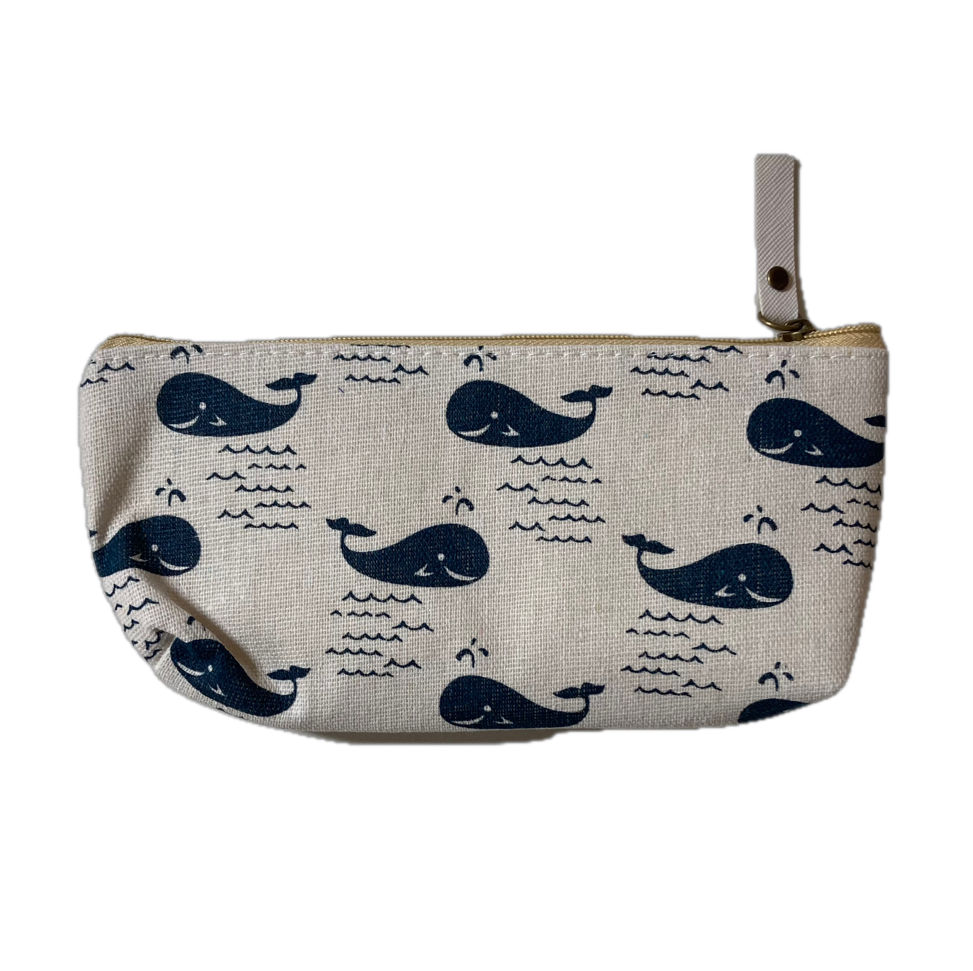 Zipper Fabric pouch with blue whale pattern on a off-white background
